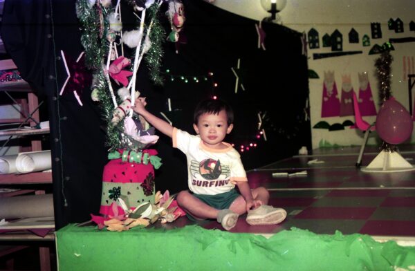 1990 Derrick at Kindergarten with Sally Fiona and Eng Sai