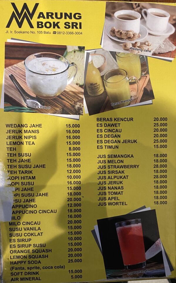 Warung Mbox Sri's dinner menu and prices